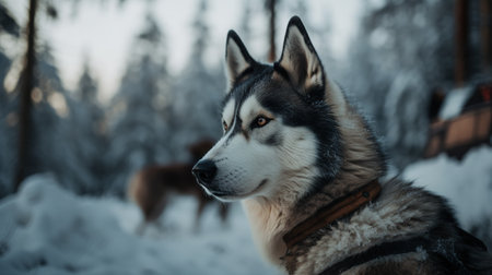 Siberian husky dog portrait on a background of winter forestの素材