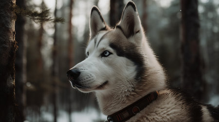 Portrait of a siberian husky dog in winter forestの素材