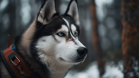 Siberian Husky dog with blue eyes in the winter forestの素材