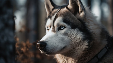 Portrait of a beautiful Siberian Husky dog in the forest.の素材
