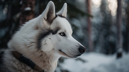 Portrait of a beautiful husky dog in the winter forest.の素材