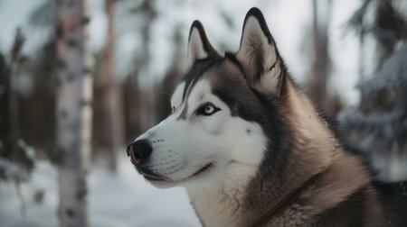 Portrait of a beautiful husky dog in the winter forest.の素材