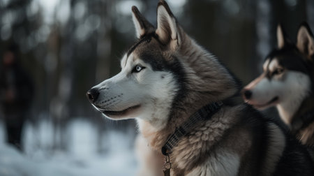 Portrait of a beautiful husky dog on a walk in the winter forestの素材