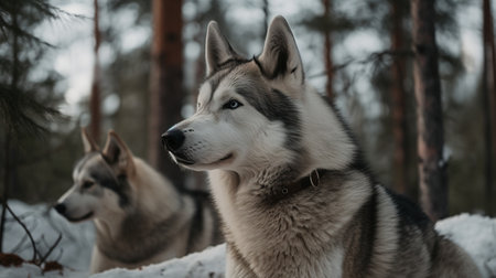 Siberian Husky dog in winter forest. Selective focus.の素材