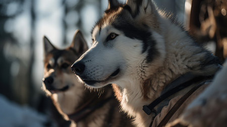 Siberian husky dogs in winter forest. Selective focus.の素材