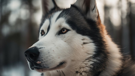Portrait of a beautiful siberian husky dog in winter forestの素材