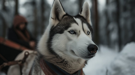 Siberian Husky in the winter forest. Selective focus.の素材