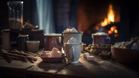 Hot chocolate with marshmallows on a wooden table in front of a fireplace.の素材