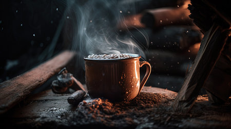 Coffee cup on old wooden table in dark with smoke.の素材