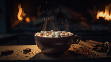Hot chocolate with marshmallows on a wooden table in front of the fireplaceの素材