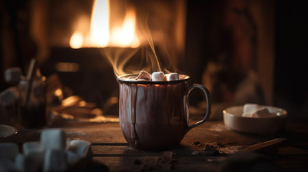 Hot chocolate with marshmallows in a mug on the background of the fireplace.の素材