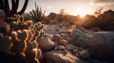 Cactuses in the desert at sunset in Arizona, USA.の素材
