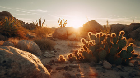 Cactuses at sunset in Joshua Tree National Park, California, USAの素材