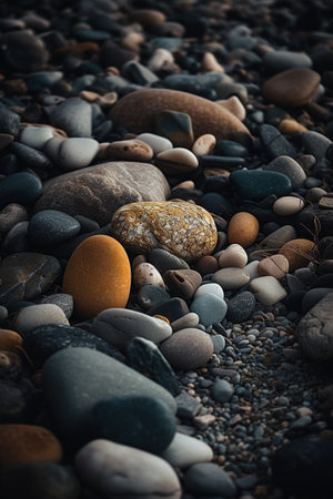 Colorful pebbles on the beach at sunset. Soft focus.の素材