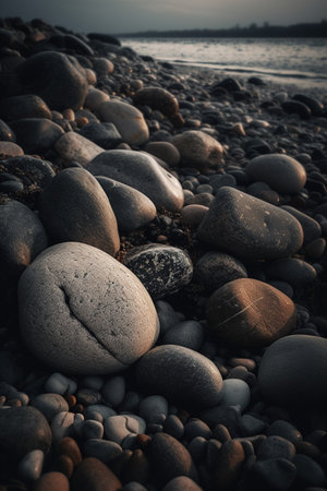 Pebbles on the beach at sunset. Toned image.の素材