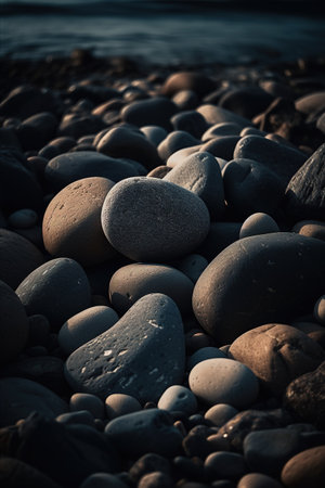 pebble stones on the beach at sunset - retro vintage effectの素材