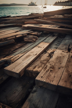 Wooden pier on the sea background, vintage style. Selective focus.の素材