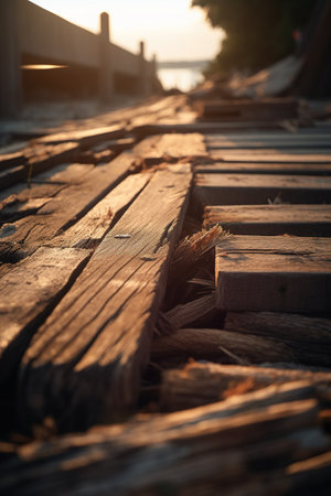 Old wooden bridge in the evening. Selective focus and shallow depth of fieldの素材