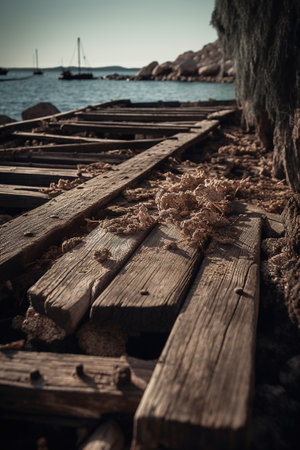 Wooden pier on the coast of the Adriatic Sea. Toned.の素材