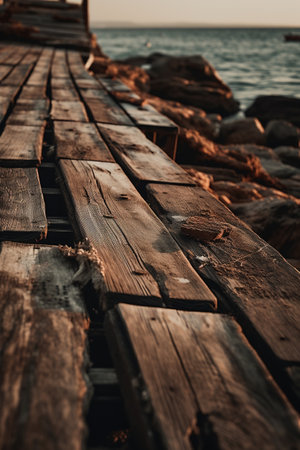 Wooden pier on the sea at sunset. Vintage toned.の素材