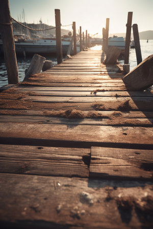 Wooden pier on the sea at sunset, vintage toned.の素材