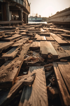 Wooden floor and ship in the background, vintage filter effect.の素材