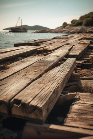 Wooden pier on the shore of the Adriatic Sea in Montenegroの素材