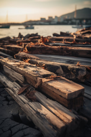 Wooden logs on the shore of the Bosphorus, Istanbul, Turkeyの素材
