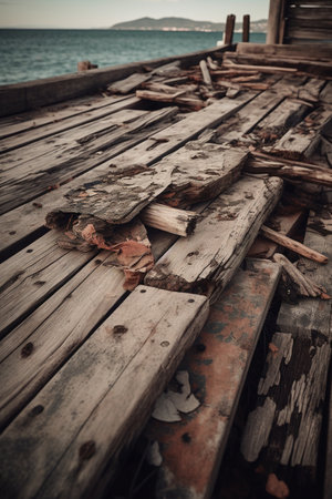 abandoned wooden boat in the sea - retro and vintage styleの素材