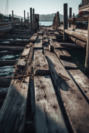Wooden bridge on the sea in the morning. Vintage tone.の素材