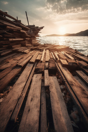 Wooden pier on the sea at sunset, Thailand. Vintage style.の素材