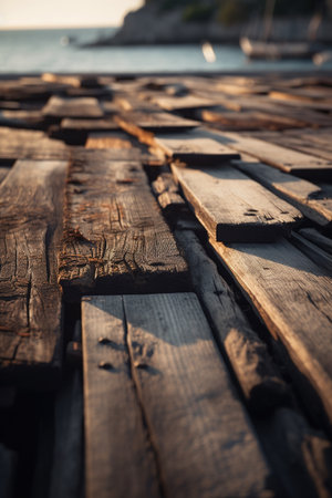 Wooden pier on the beach at sunset, close-up.の素材