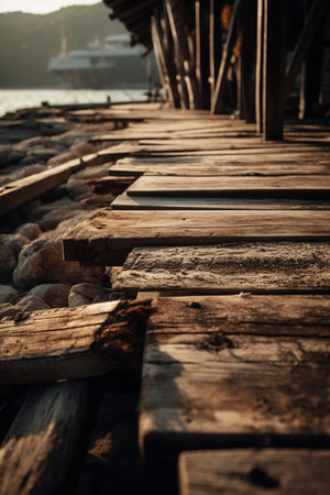 Wooden bridge on the beach in the morning. Toned.の素材