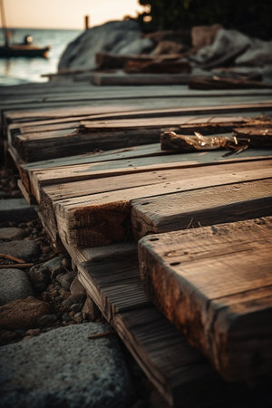 Wooden walkway on the beach at sunset. Toned.の素材