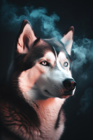 Portrait of a siberian husky dog with smoke.の素材