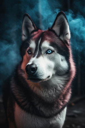 Siberian Husky dog with blue eyes in the smoke.の素材