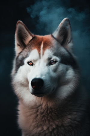 Portrait of a beautiful siberian husky dog in smokeの素材