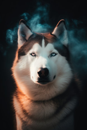Portrait of a beautiful husky dog in smoke on a black backgroundの素材