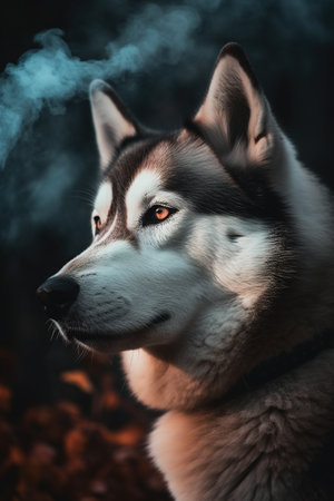 Portrait of a beautiful siberian husky in the autumn forestの素材
