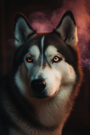 Portrait of a beautiful siberian husky dog in the darkの素材