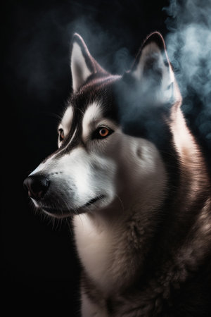 Portrait of a beautiful siberian husky dog in smokeの素材