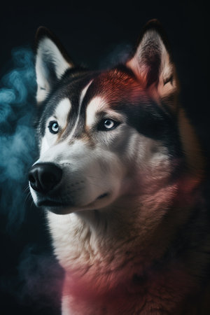 Portrait of a beautiful Siberian Husky in smoke on a black backgroundの素材