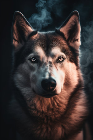 Portrait of a husky dog on a dark background with smoke.の素材