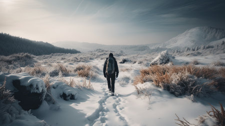 Hiker walking on snowy trail in the mountains. Travel and adventure concept.の素材