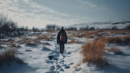 Hiker with backpack walking on a snowy field in winter. Travel and wanderlust concept.の素材