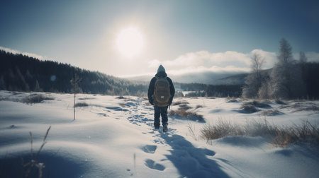 Hiker with backpack walking in winter forest. Travel and adventure concept.の素材