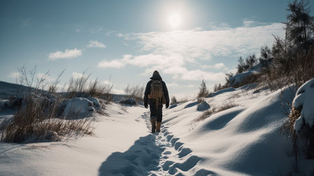 A man with a backpack walks along a snow covered path in winterの素材