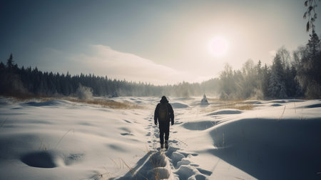 Man walking in the snow in the winter forest. Winter landscape.の素材