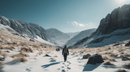 Man with backpack hiking in snowy mountains. Travel and adventure concept.の素材