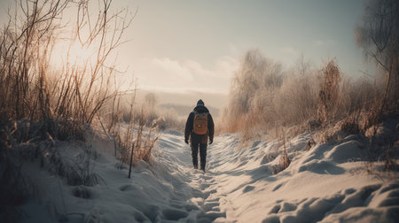 Man with a backpack walking on a snow-covered path in winterの素材